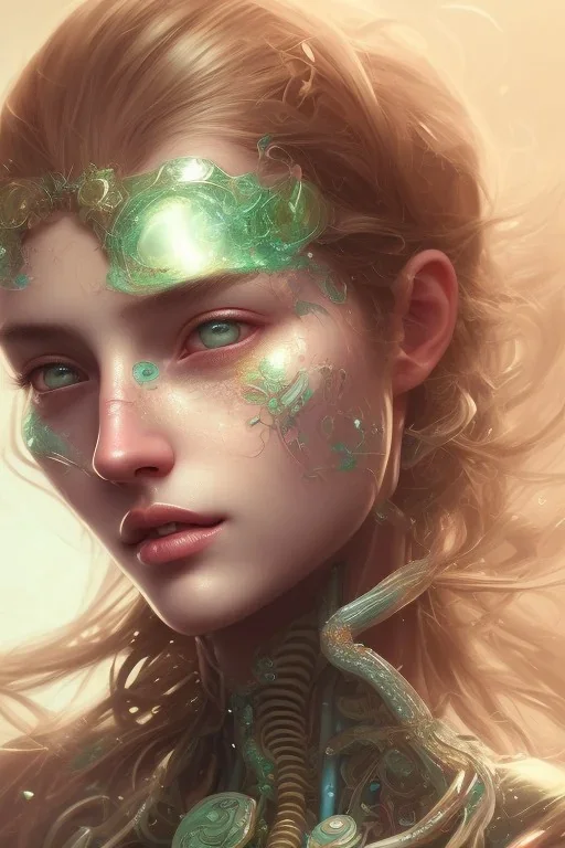 girl, cute, beautiful, long eyelashes, green hair, tan skin, head and shoulders portrait, 8k resolution concept art portrait by Greg Rutkowski, Artgerm, WLOP, Alphonse Mucha dynamic lighting hyperdetailed intricately detailed Splash art trending on Artstation triadic colors Unreal Engine 5 volumetric lighting