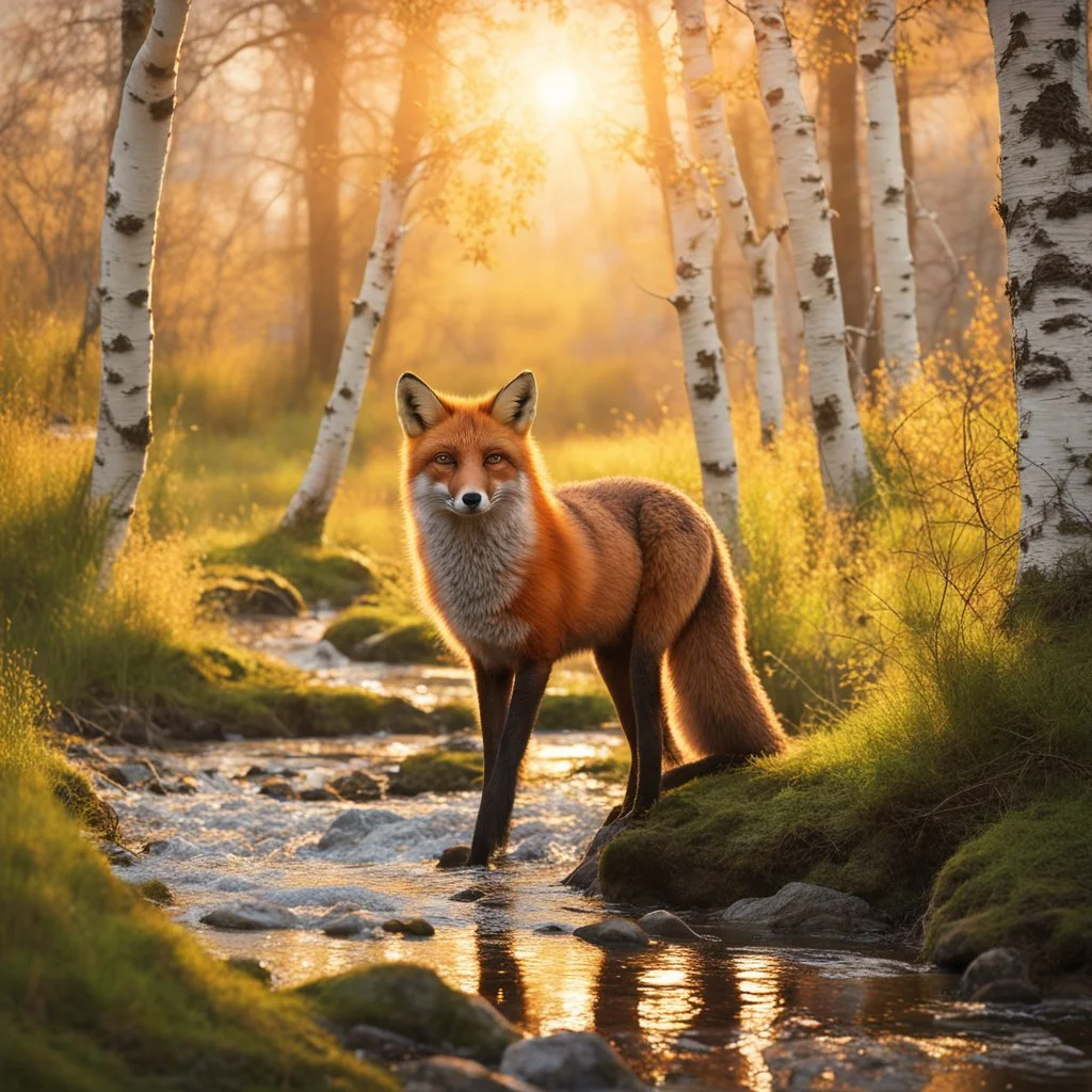 majestic adult fox standing on bank of running brook in the springtime during a dramatic sunset, stately birch trees, photorealistic nature image, intricate fur texture, mossy background, soft sunset light filtering, reflective 8k res, ambient shadows, warm color palette, perfectly timed shot, crystal clear, stunning wildlife interaction, by Ashraful Arefin