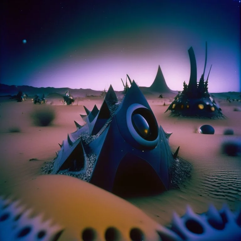 Polaroid close-up photo of odd shapes scattered over an arid wasteland, very spooky, night, hypermaximalist, very intricate, Yves Tanguy world, 8k, deep 3d field, 35mm photography