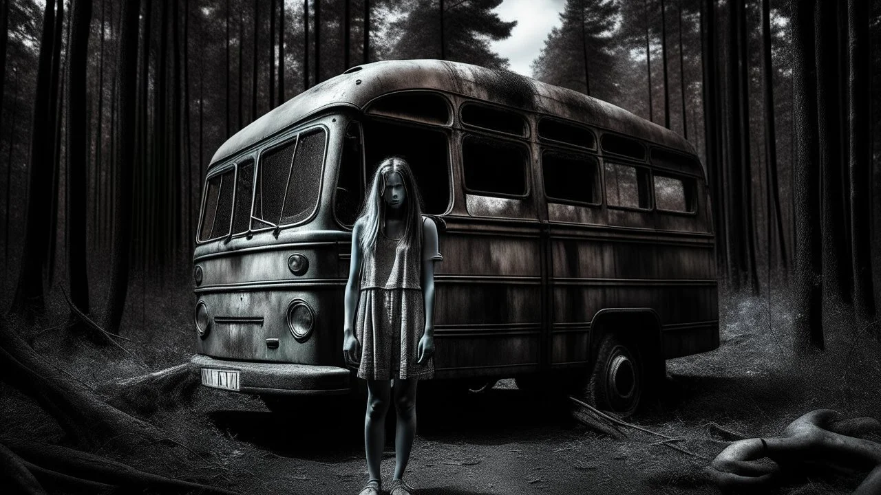 A gritty black and white photograph capturing a woman standing in front of a bus in the forest, in a post apocalyptic environment, clad in a tattered dress, exuding a sense of despair with her dilapidated appearance