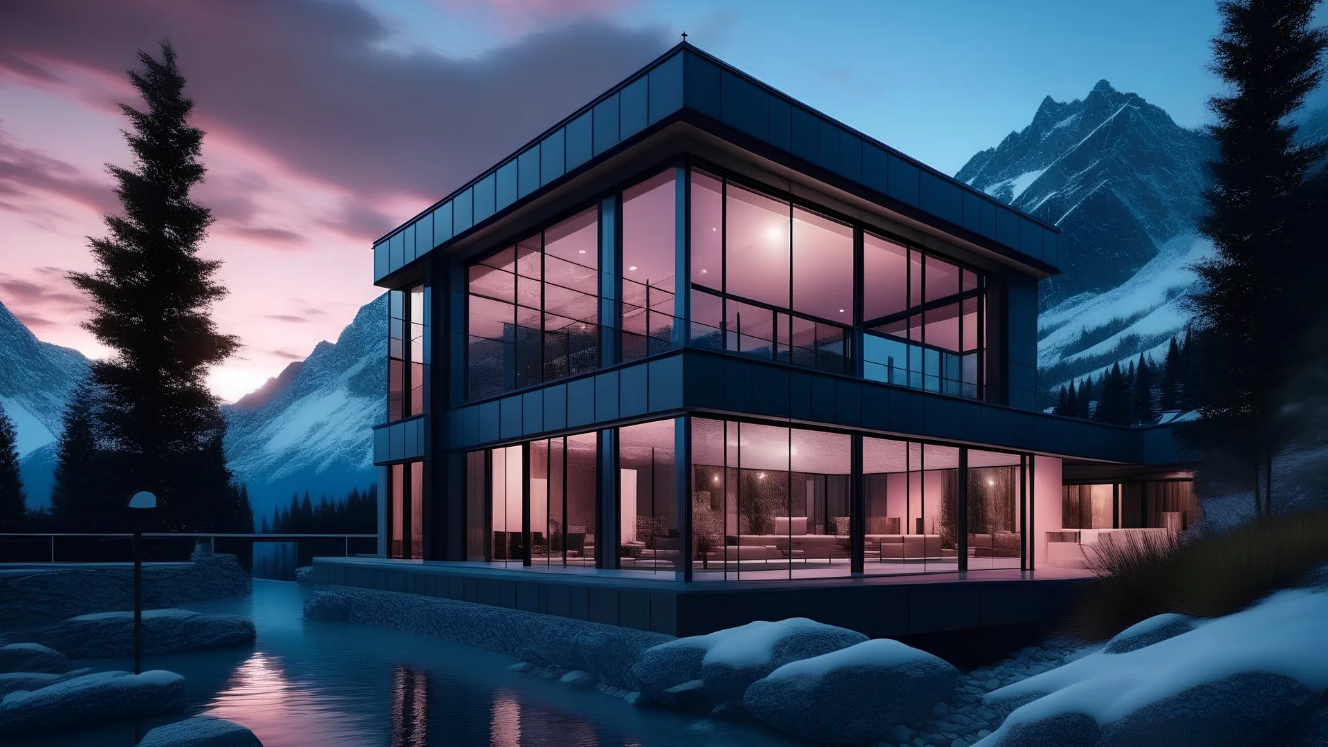 Lake house, pink facade, stone facade, black glass frame, views of the snowy mountain hills of Aspen, blue hour, realistic vray, 8k, modern architecture 8k 8k]