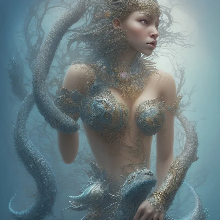 sango fantasy, fantasy magic, intricate, sharp focus, illustration, highly detailed, digital painting, concept art, matte, artgerm and paul lewin and kehinde wiley, masterpiece sexy lips Asian afro lips black African lady body mermaid Dragon fish head blue space lady sea under water mermaid seaweed pyramid