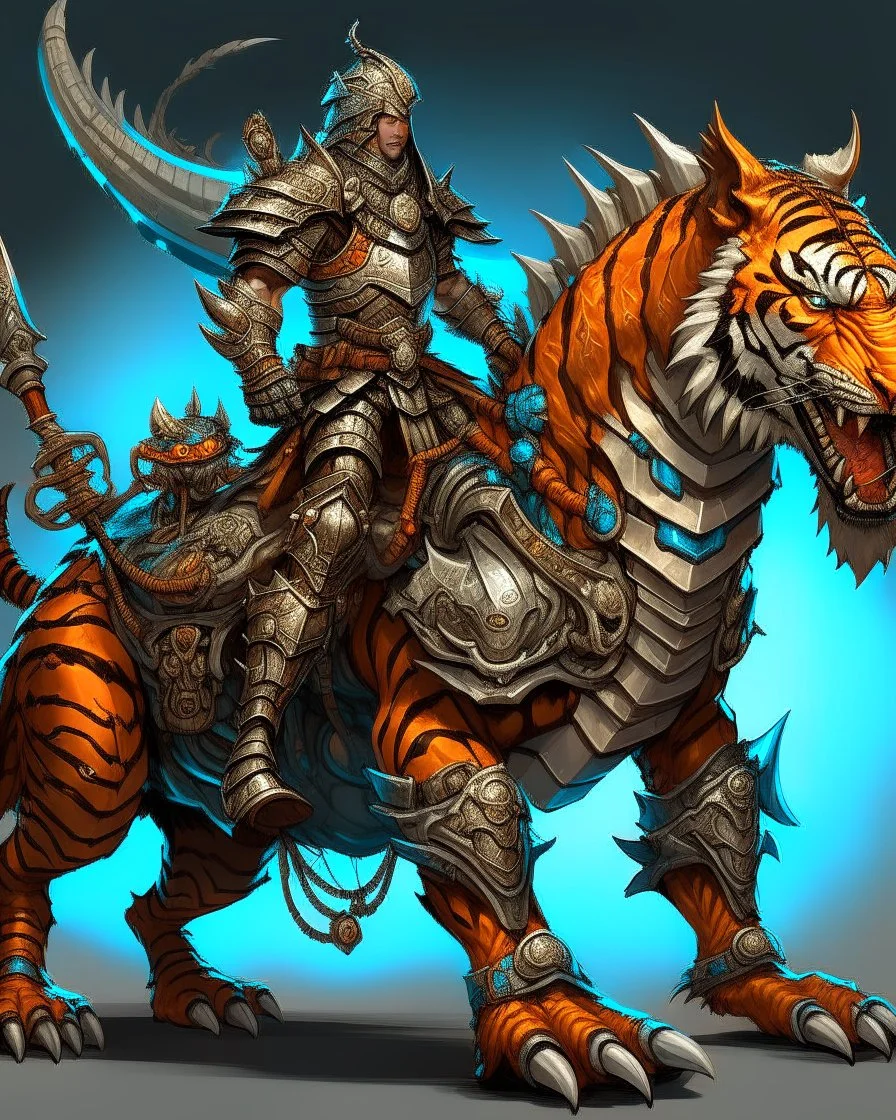 A combination of a dragon and a tiger and a commander riding on it Warrior warrior with leather and metal clothes and robotic metal