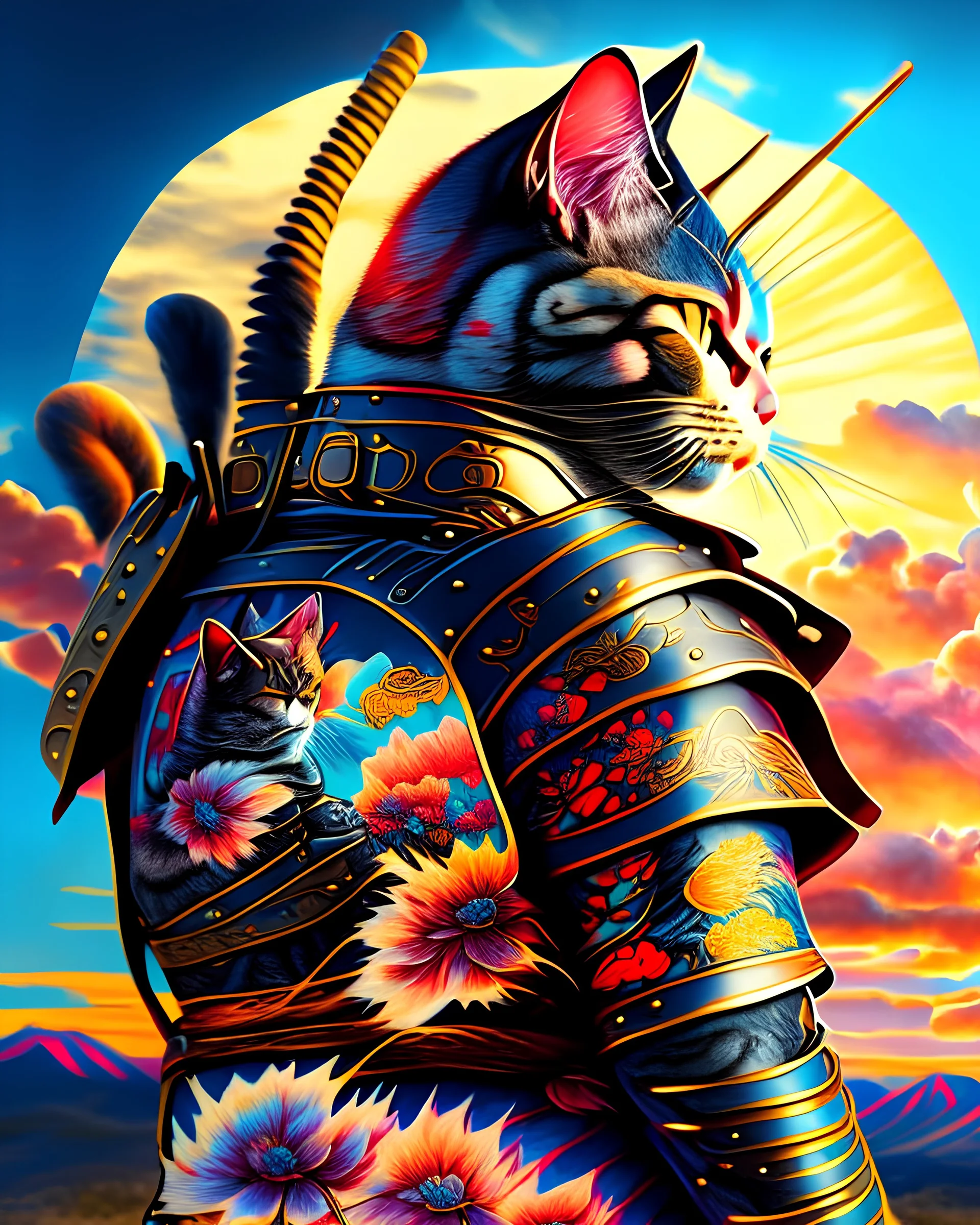 Gato Samurai cuerpo completo arte tinta hiperdetallado colores contrastantes cielo soleado 8k