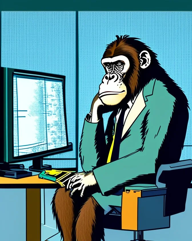 Generate an image of a bored ape from the Bored Ape Yacht Club collection transformed into a forex trader. The ape should be sitting at a trading desk, wearing a suit, with computer screens displaying forex charts. Use the Kadinsky model for image generation.
