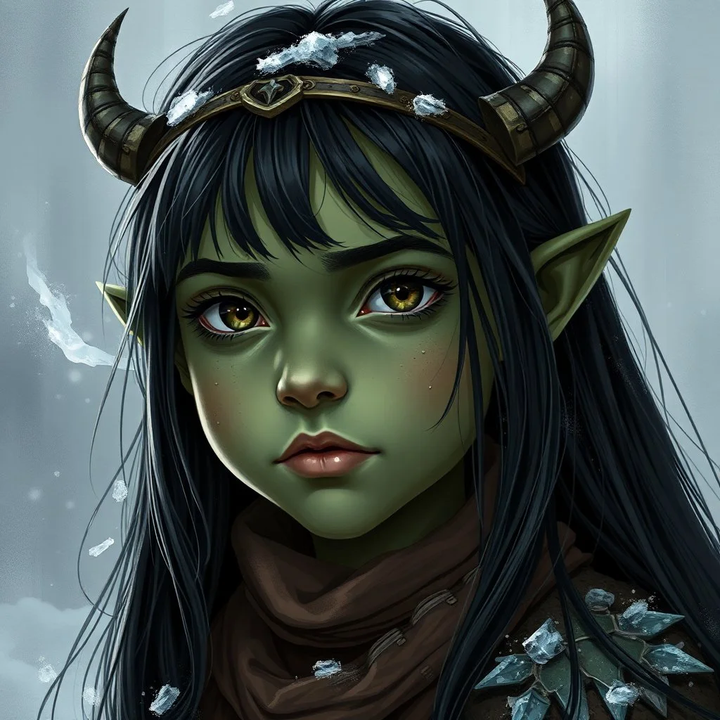 A digital illustration shoot from a portrait camera angle of an orc girl with dull green skin, she is an 8 year old orcish child and has long black hair, Fantasy, ice
