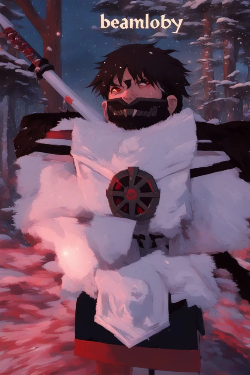 The character, depicted in a striking white armour against a wintry backdrop stands with his hands behind his back inside the scene, he has a red and black circular symbol on his chest like a shield, a black pointed spear with a red handle on his back, His eyes are showing a dynamic expression and he wears a black oni mask with white teeth covering the bottom part of his mouth he has brown shoulder pads and a white belt with a bag attached to it. He has dark brown hair, he does not wear a helmet