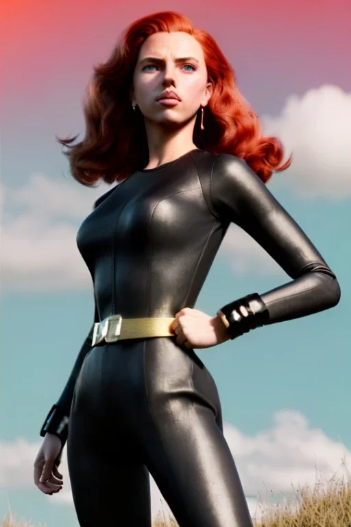 retro portrait image from 1960, sky background, wind, long red hair, fighting stance, sweet young Scarlett Johansson, black dress, classic tight lycra black suit, weapon, gold bracelet and belt, high heel boots, soft color, highly detailed, unreal engine 5, ray tracing, RTX, lumen lighting, ultra detail, volumetric lighting, 3d, finely drawn, high definition, high resolution.