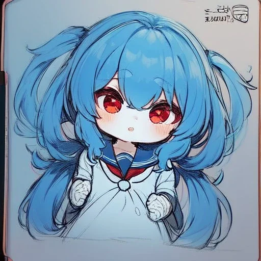 Clear focus, High resolution, rough line sketch art, cute, cartoon, medium blue hair, hair between eyes, fluffy hair, red eyes, wearing a sailor uniform, baby, long locks,