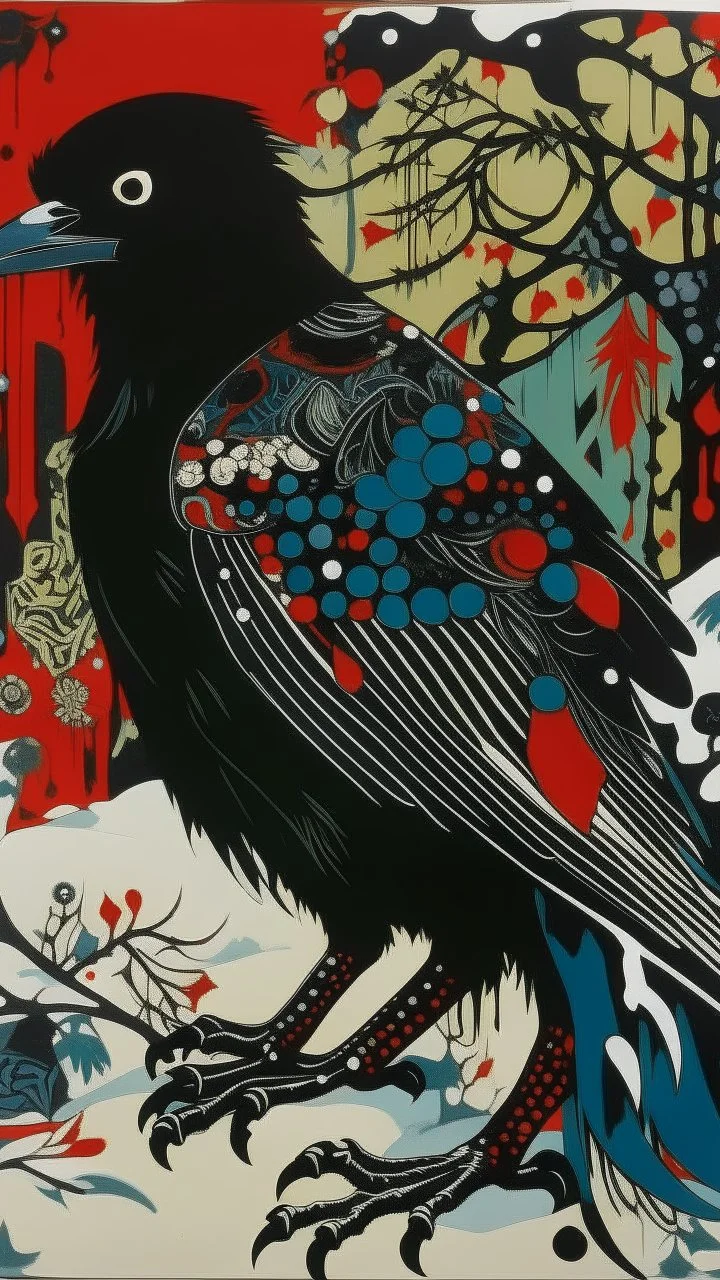 A contemporary serigraphy by Matisse and Kunisada of a raven with a human body adorned in a punk leather jacket within a snowy Christmas atmosphere.