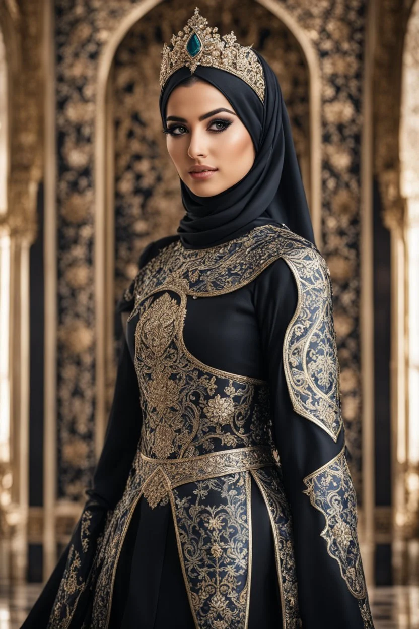 Gorgeous Realistic Photography Super model Iranian as Beautiful Queen hijab girl dressing armor pattern flowers gown luxury black and jewelry,luxury palace background, close-up portrait