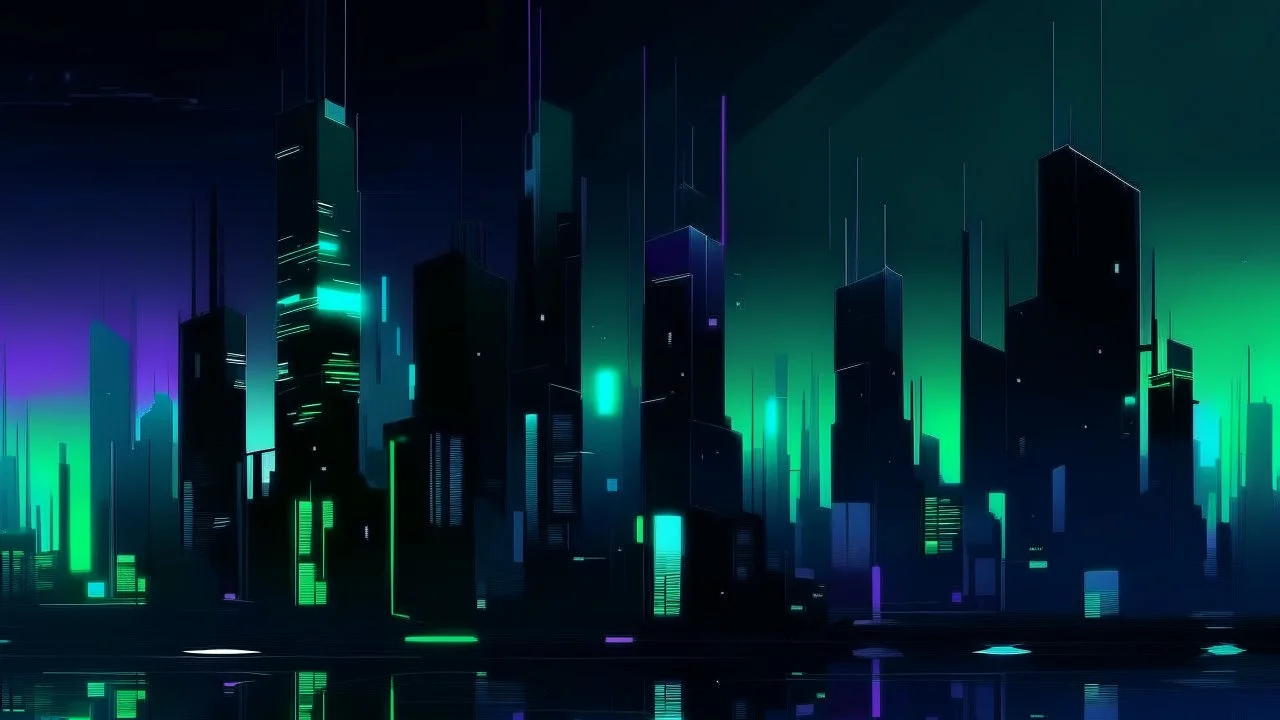 Digital painting of a minimalist and digital city with a dark background, colors are black, light blue and light green, and purple.