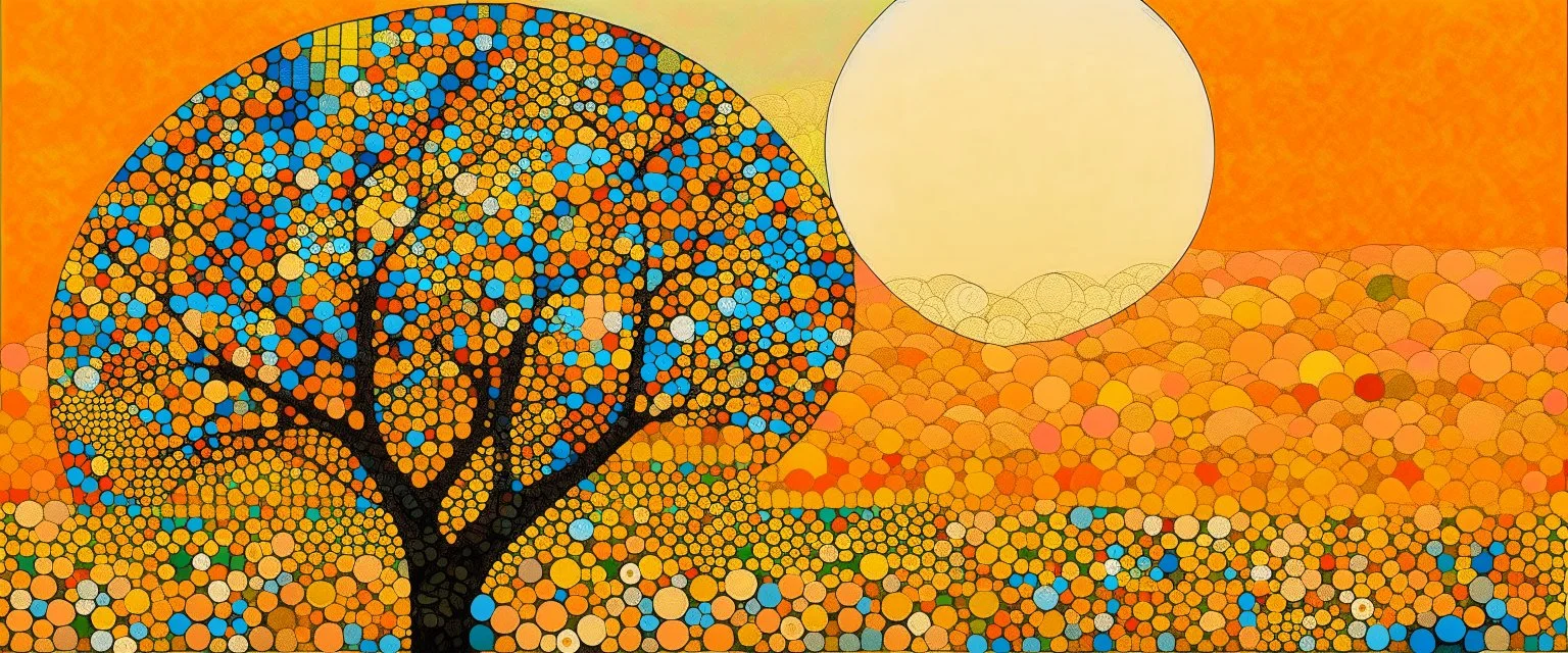 A light rosy orange sky with geometric skies designed in Indian Gond art painted by Gustav Klimt