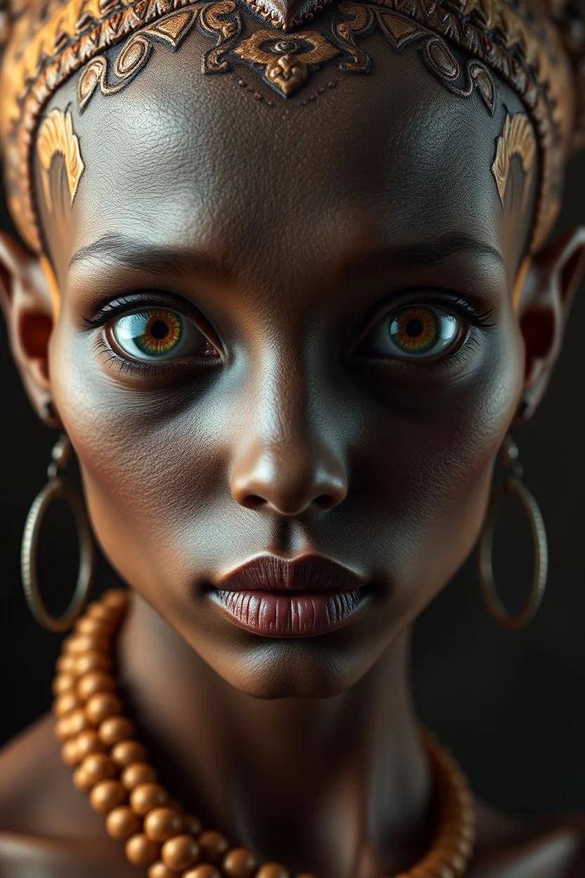 Plano general, hyperrealista, ultra HD, of a beautiful out of this world woman , cobriza textured skin, expanded skull, tribal joys of large eyes, almendrados, redundas and dark pupils, small noses and ancha, small nasal fosas, fine lips, pointed ears. background of the figura entorno selvático