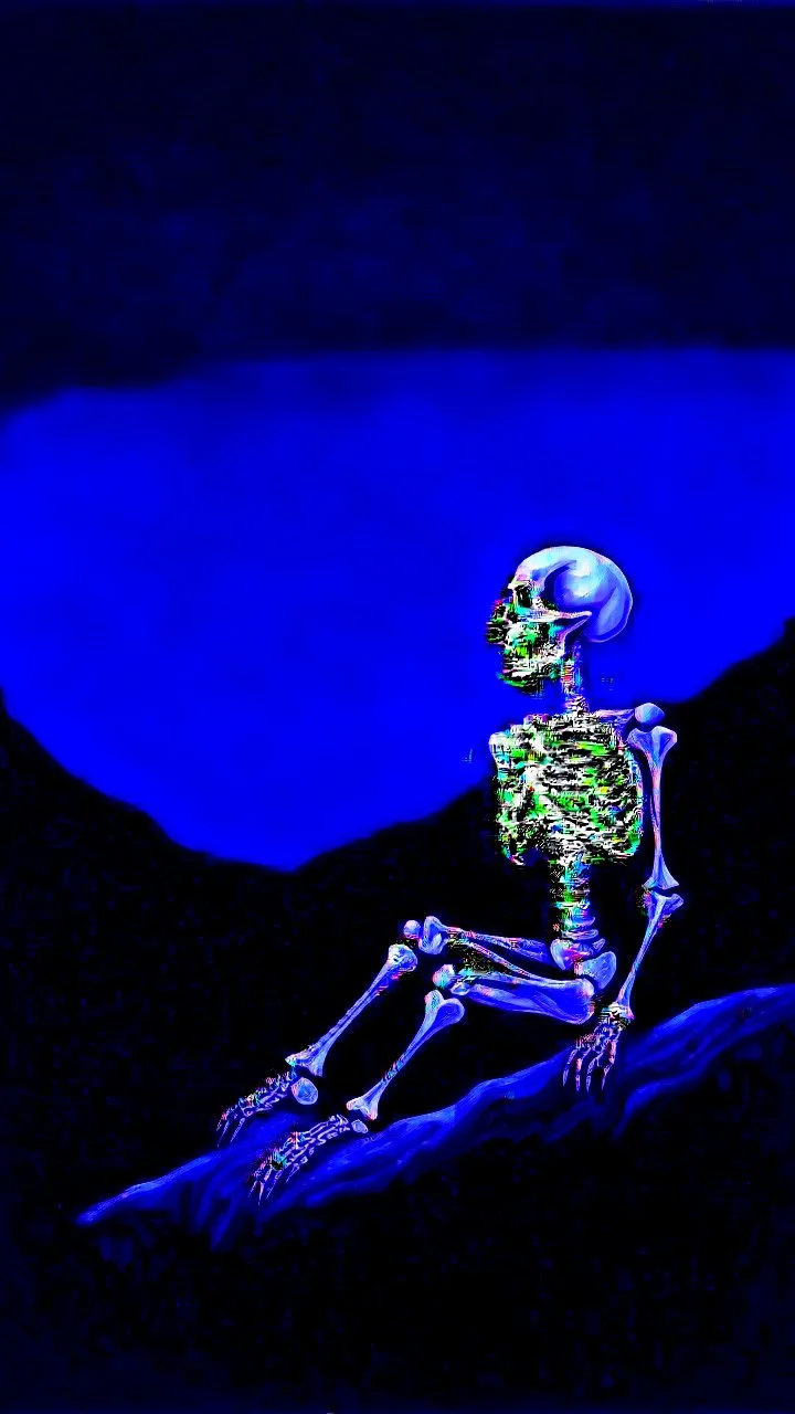 A pastel painting of a skeleton on a hilllookin into the night sky. A nebular in the sky. Painting. Purple colours. Blue colours. Colorful.Pastel colours. Masterpiece.