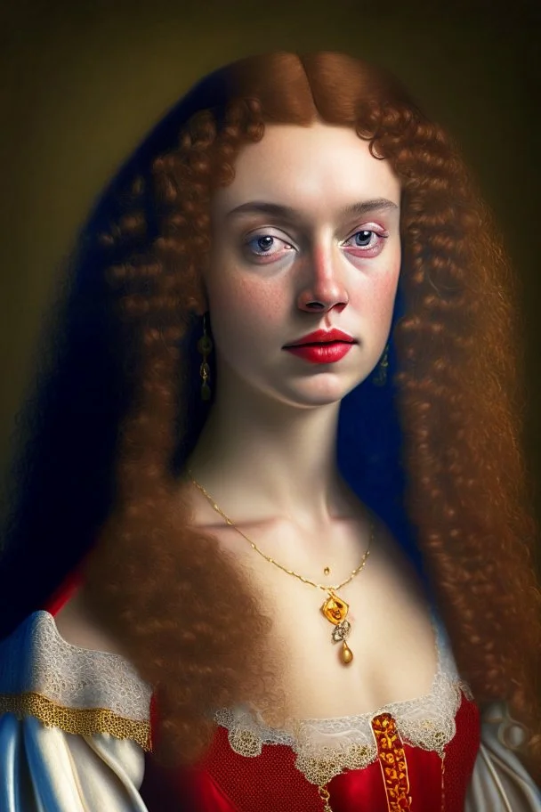 Realistic Phot of young woman, Portrait, Full body, young woman, oval face, light brown skin, realistic HD Skin, tiny pores seen on skin, bright red very curly long hair, green eyes, plumper reddish brown lips, soft smile, dressed in a gold red white and blue intricate medieval gown with low neckline, big tear shaped bosoms, slim perfect body, Beautiful hair, Makeup, bokeh, Octane render, 16k, Beautiful lighting, Golden ratio composition , by irmgard karoline becker despradel, Intricate details