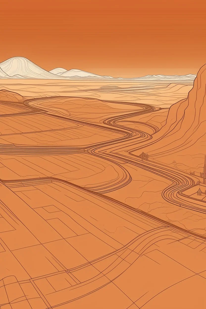 thine line draw style, show a shot of a view of Mars surface with future buildings