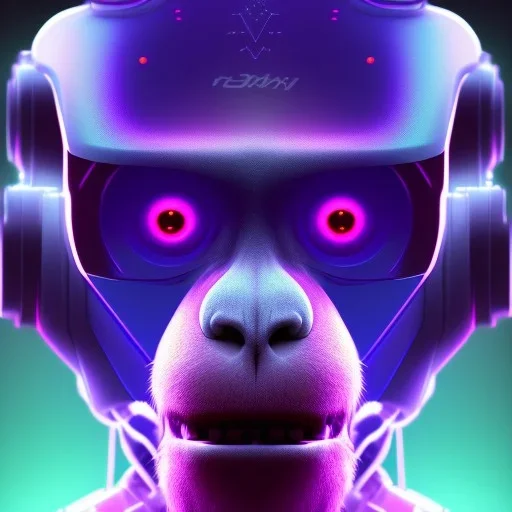 A beautiful portrait of a cyborg monkey purple neon color scheme, high key lighting, volumetric light high details psychedelic background