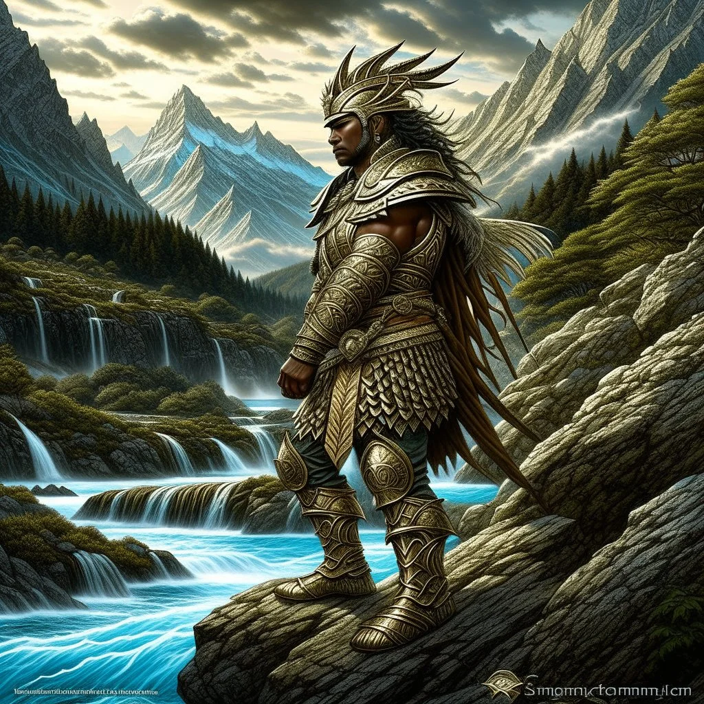 Warrior, painted, digital painting, 24k, high resolution, highly detailed, ornate, mountain views with streams of water, art by JOHN STEPHENS