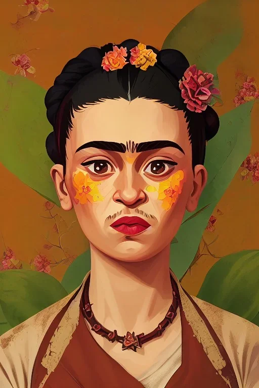 Portrait of a Baby Frida Kahlo , an abstract painting of rusted metal and flowers, rust, scaffolding, iron cladding, decay, mixed media, textured, anatomically correct, beautiful perfect face, soft factions, highly detailed By disney