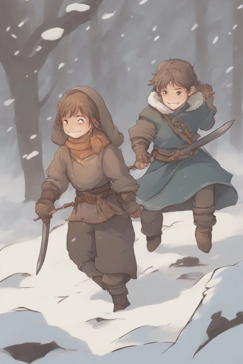 DnD style, two medieval peasant kids playing in the snow male and female, age 14 and 15, happy and playful, he has a short sword.