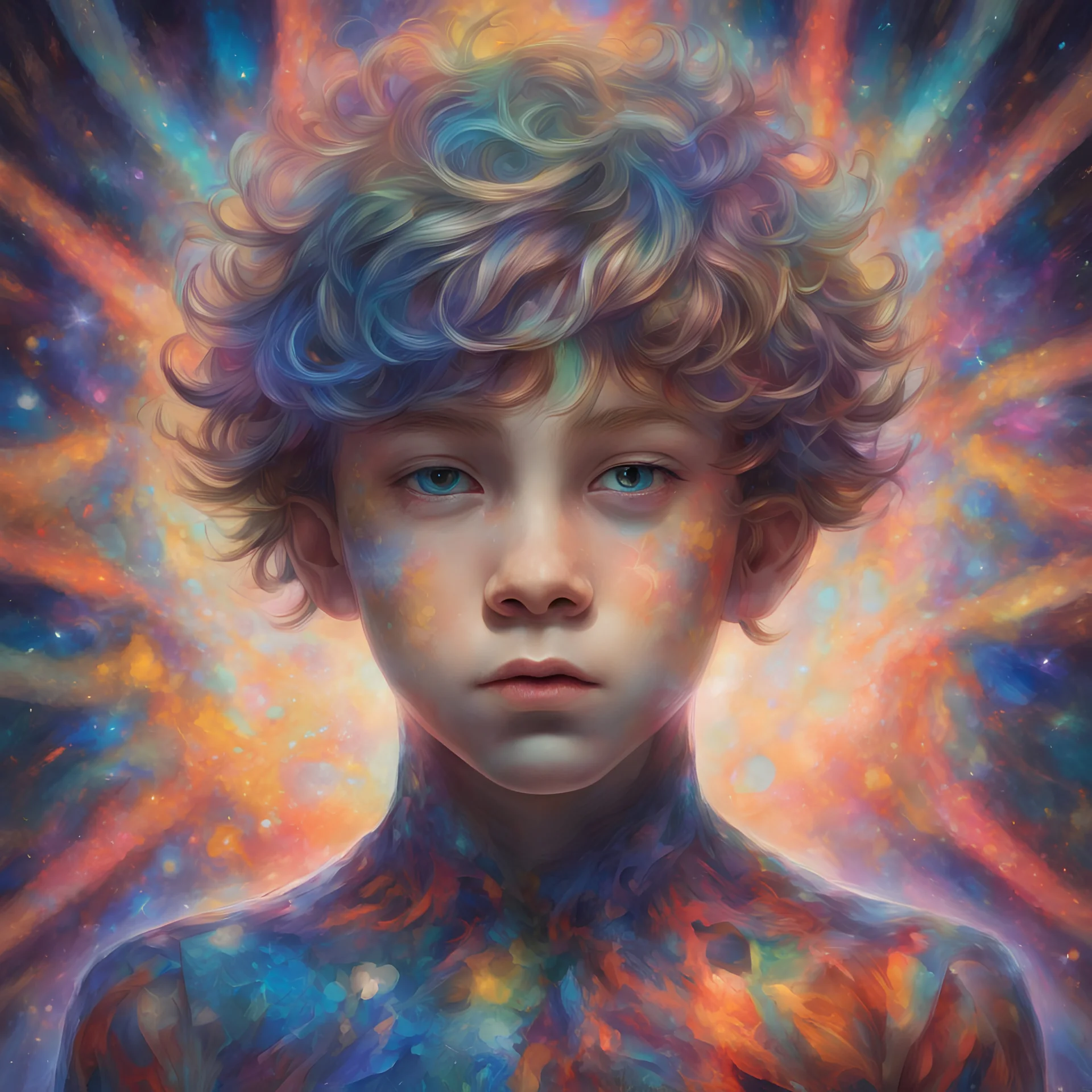 close up, A young boy, eyes closed, adorned in a kaleidoscope of colors, dons a captivating leotard. His eyes, wide with wonder, are fixated upon a mysterious and ethereal glow emanating from the eyes of a ghoul. The tendrils of this otherworldly being gently coil and encircle him, creating an enchanting dance of light and shadow. This captivating image evokes a sense of both fascination and trepidation, where the boundaries between reality and the supernatural intertwine