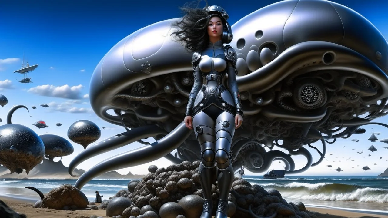 A woman with dark hair in a silver robotic catsuit, standing on a beach with a crashed spaceship in the water behind her, with flying mushrooms looking like parasols, with octopus tentacles in the air