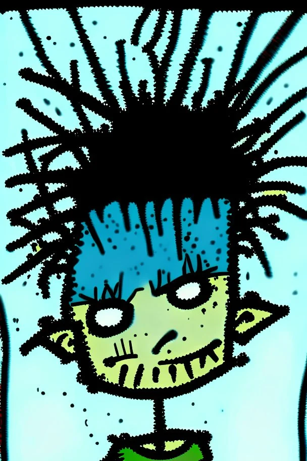 2d drawing of a stickman, cool with punk hair, x eyes like hangman, close-up, side view bended looking into the camera, smiling,in colour