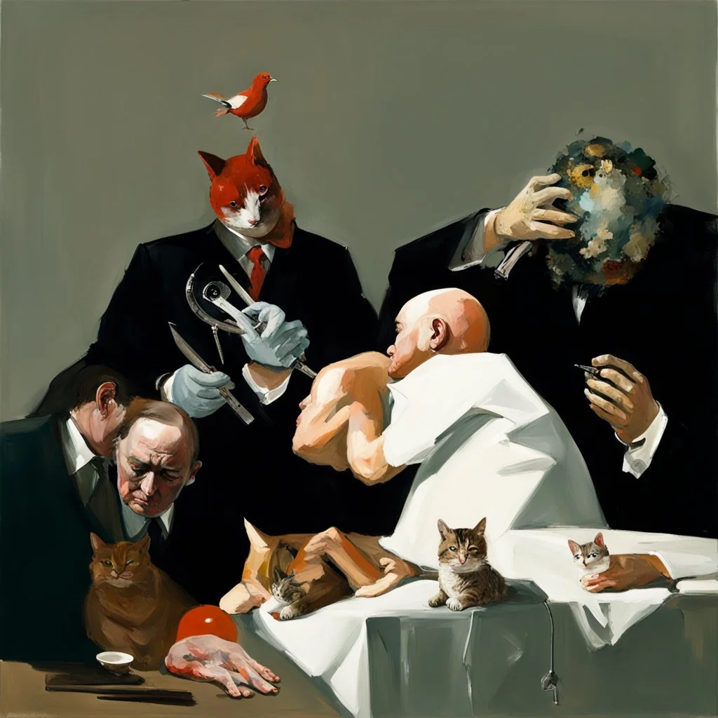 UN conference.a cat and human flesh-like surgical instruments and universe-like a pigeon and neuralink, surrealism,minimalism,Painting By Adrian Ghenie, Rene Magritte, Salvador Dali, Lucian Freud