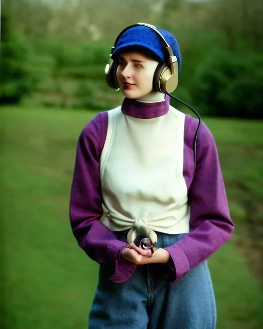 Everything she wear is in the image. of young woman, plum-blue-magenta-camouflage. She wears mantel and simple blouse.Felt cloth visor with tippet. SMALL FELT CAP is merged to Old AKG headphones with recognizable Golden rings! cloth materials are denim and felt cloth mixed. Fashion 1990's. Colors: Cream white, zinc plate, red ochre, ochre, orange - all mixed. Thick tights. Thick calves. She is in figure from top to toe.