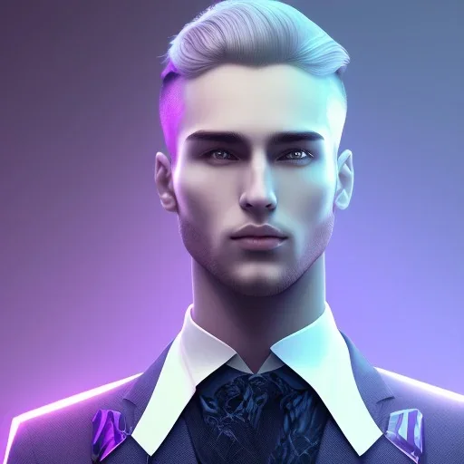 man, cute face, white highlight hair, brown eye, white, skin, purple suits, futuristic, science, purple, blue, dark pink background lighting, technology, profile, asian boy, square face, orange backlight