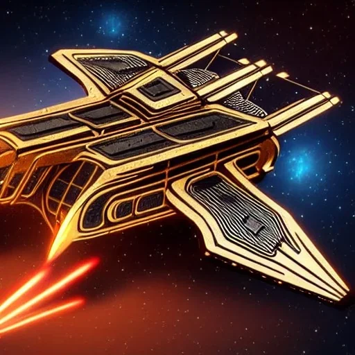 ornate starship made of brass, damaged and on fire, in space, in the style of TRON