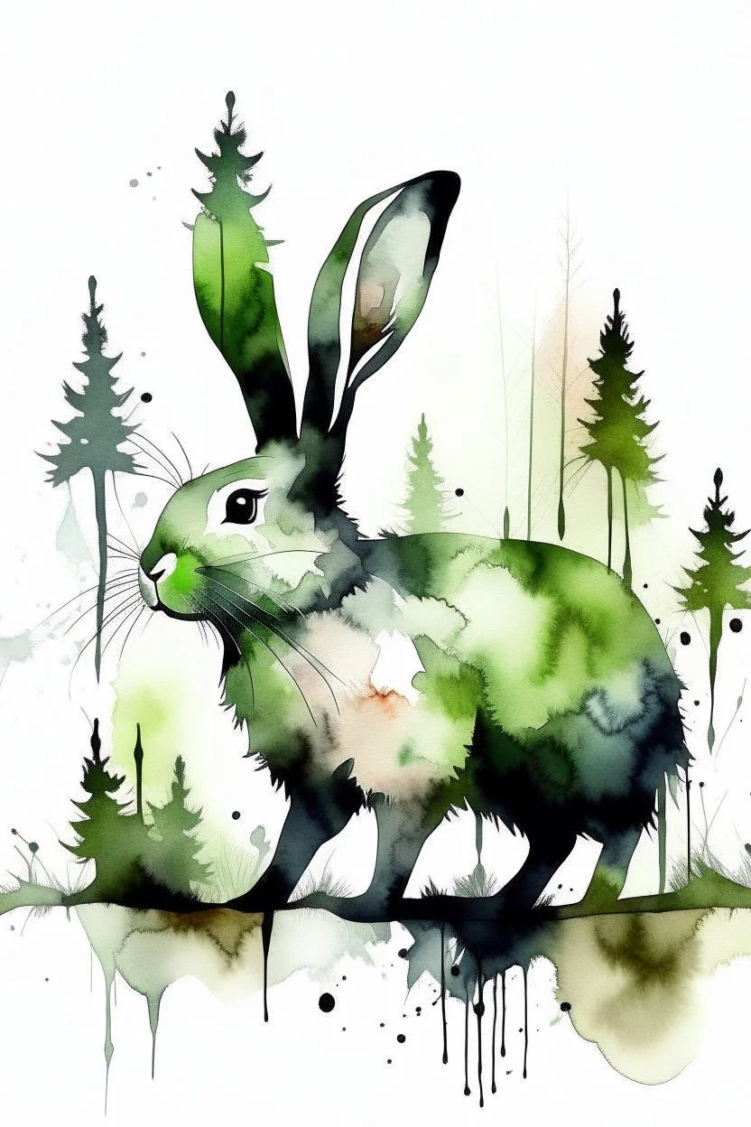 Watercolour effect, rabbit, forest abstract,roschCh ink blot test, white background, muted colour's.no black outline, no black colour only white more watercolour blobs, no black outline, other colours