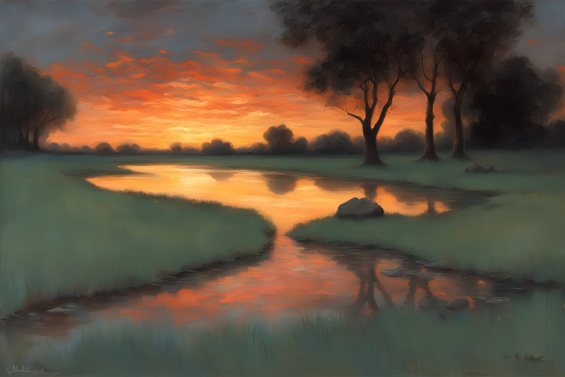 Night, rocks, normal mountains, puddle, very epic, 2000's sci-fi movies influence, emile claus, friedrich eckenfelder, and auguste oleffe impressionism paintings