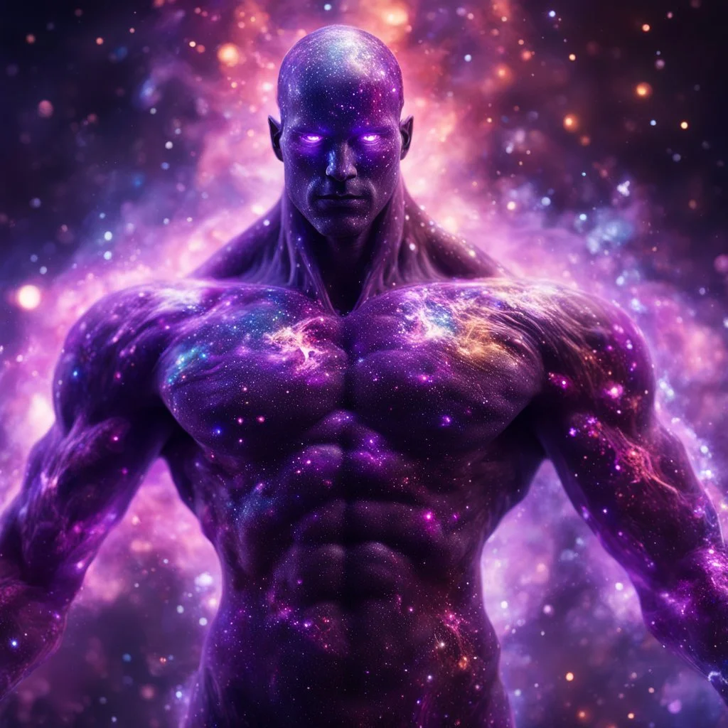 a colossal muscular godlike faceless humanoid figure with transparent body made of swirling galaxies and nebulae, piercing glowing purple eyes, sharp focus, high contrast, dark tone, bright vibrant colors, cinematic masterpiece, shallow depth of field, bokeh, sparks, glitter, 16k resolution, photorealistic, intricate details, dramatic natural lighting