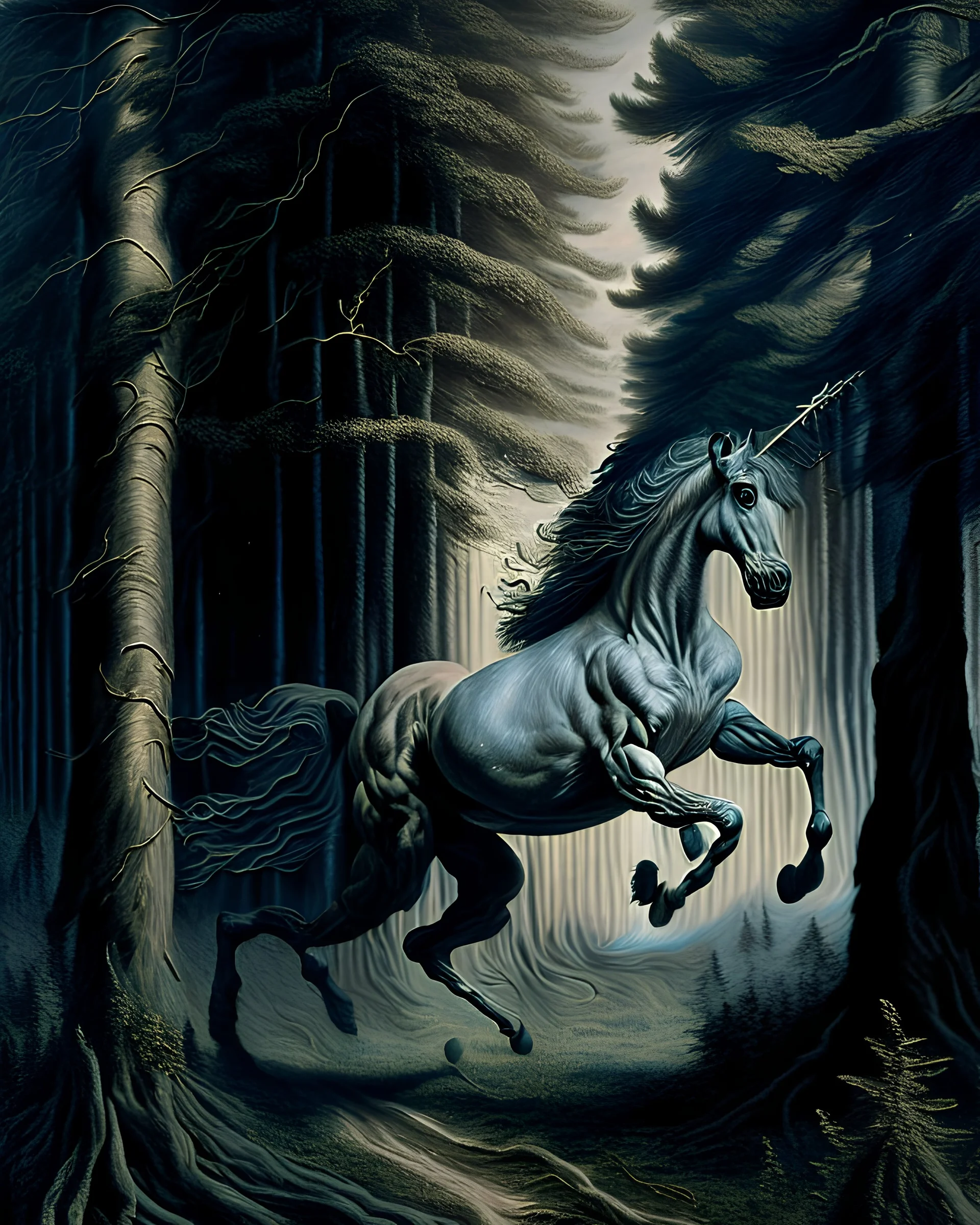 A centaur majestically galloping through the dense forest in the style of gustav dore, fantastical landscape, soft strokes , mythology portrait, classic painting