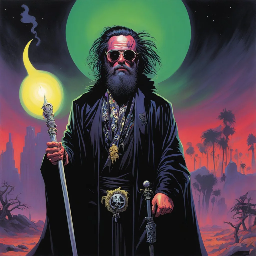 Art by Steve Rude: Elton John Zombie with black dreads and black wild beard as a fantasy necromancer holding a glowing black ram staff and wearing black magic robes