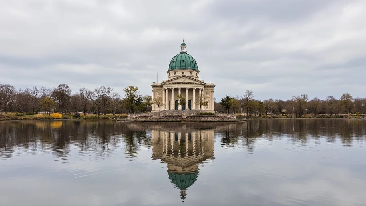 A classical-style building with a green dome stands on a platform extending into calm water. The building and surrounding trees are reflected in the water under a cloudy sky.