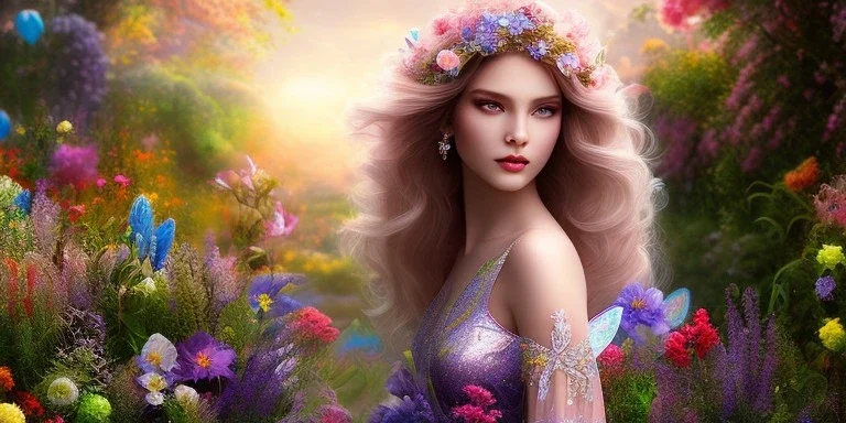 bright fairy, beautiful portrait, flowery landscape