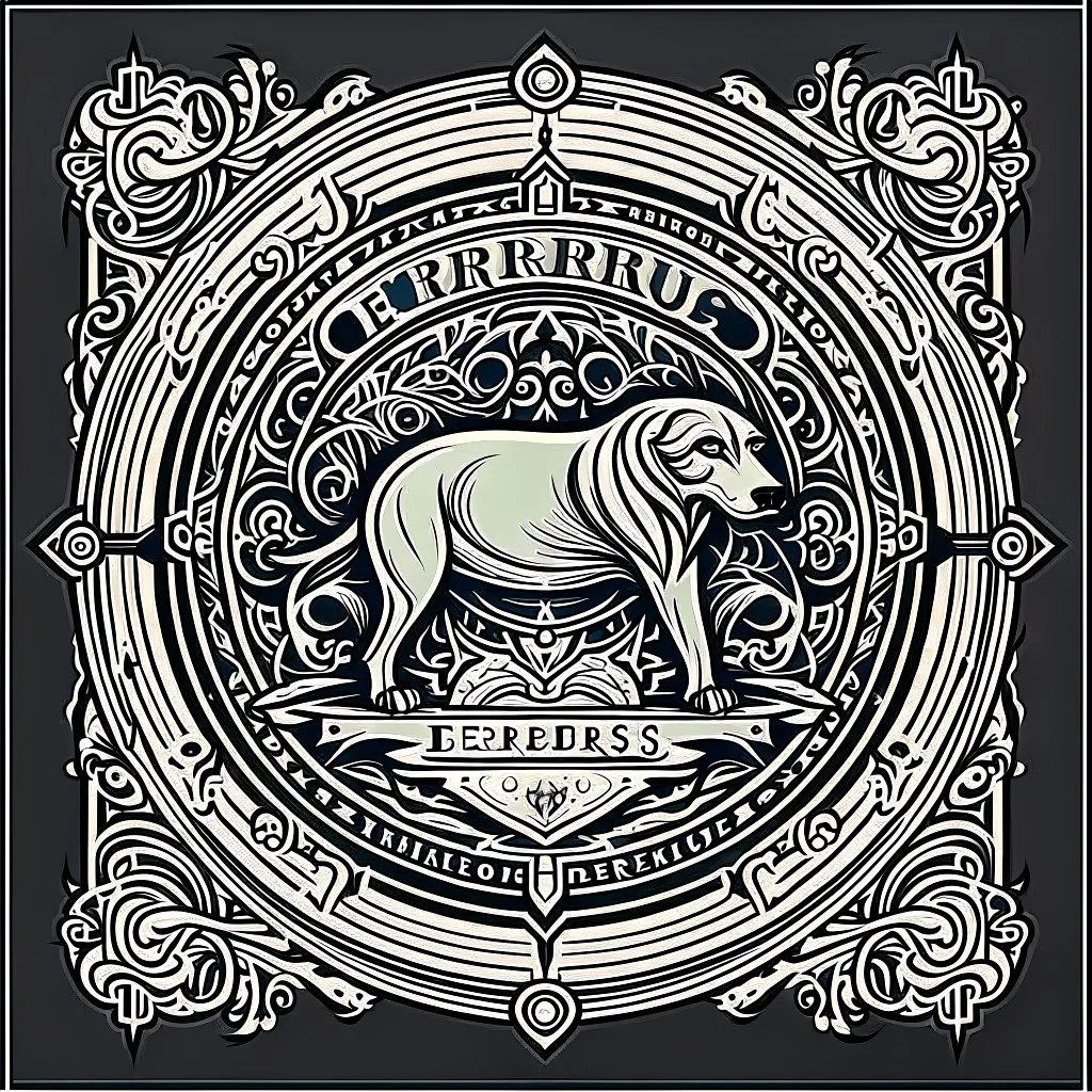 perro cerbero estilizado antiguo con un marco elegante con runas y el nombre "cerberus custos infernis" en la base, todo en escala de grises, nada de color,