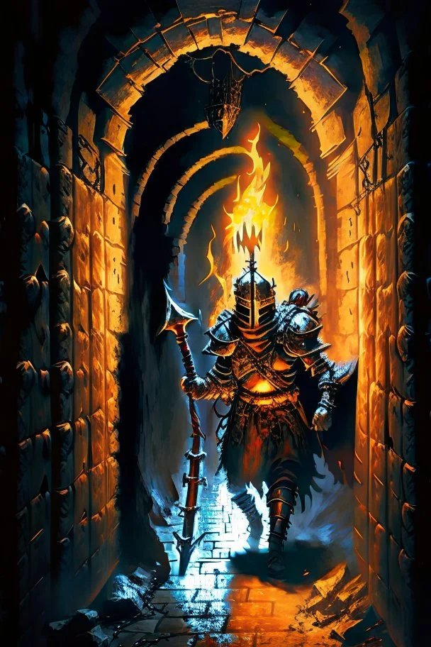 A frightening castle dungeon hallway with an evil knight warrior in rusty chainmail holding a burning torch painterly rpg art