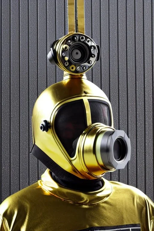 Metallic Cyber-punk style camera-mask and old headphones. Large fencing mask covers cheeks. Trim man. Reflective plastic body surface, golden skin, full-coverage. Body and Head full of integrated old-fashioned cameras and an old telephone. Golden to black surfaces body. Perfect body. Equations, Euclidean 3D-tiling, Escher tiling. Soviet propaganda in 1990's. Cables in head. Daft Punk. Matrix leather jacket. Hood. Beanie.