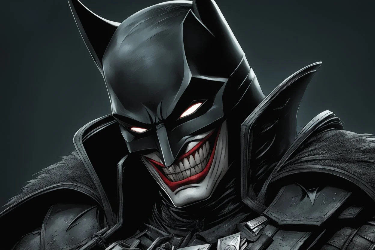 The batman who laughs in 8k comic book artstyle, cover eyes, evil laugh smile, darkness them, close picture, apocalypse, intricate details, highly detailed, high details, detailed portrait, masterpiece,ultra detailed, ultra quality