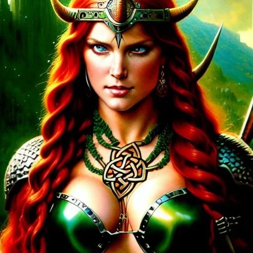 portrait 'beautiful Sexy Busty RedSonja',braided long hair,horned helmet, celtic tattoed,crystal clear green eyes,painting by gaston bussiere, greg rutkowski, yoji shinkawa, yoshitaka amano, tsutomu nihei, donato giancola, tim hildebrandt, oil on canvas, cinematic composition, extreme detail,fit full head inside picture,32k