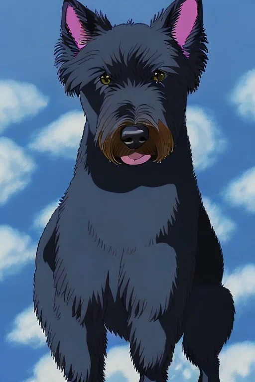 Kerry blue terrier, black dog breed, happy, art style by studio ghibli