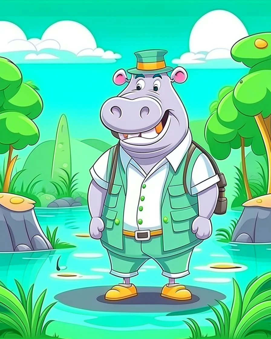 hippo as tourist guide wearing tourist guide uniform, cartoon style, safari landscapebackground, colorful, high quality, high details, realistic