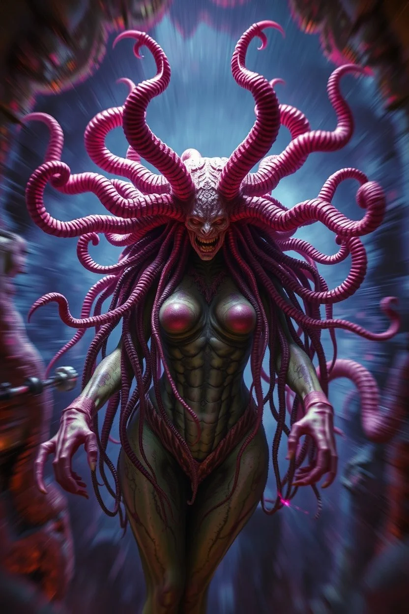 søt som fy Medusa, en god og snill og flink og veldig søt og hårete som en hippie , humanoid skapning fra universet, de regjerer ofte i underjordiske byer . ser på seg selv som overlegne , abyss city, motion blur, painted by Giger