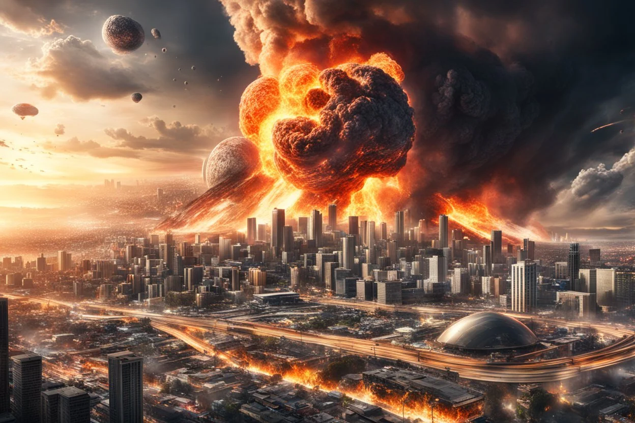 create a wildly imaginative otherworldly, chaotic total destruction of a futuristic Los Angeles amidst a swirling firestorm from a super massive asteroid impact, highly detailed, digital composite, 8k,