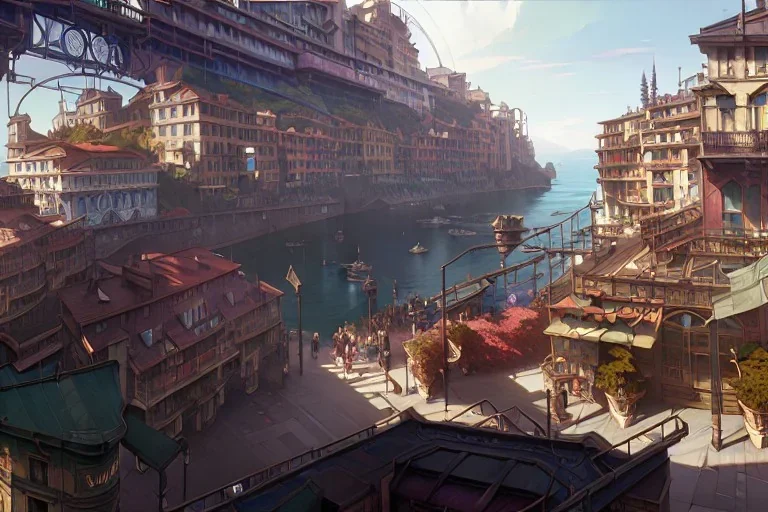 Elevated Corner Trainstation in Italian village sea+liguria+alphonse mucha, greg rutkowski,matte painting, cryengine, hyper detailed, felix kelly, fantasy art, seb mckinnon