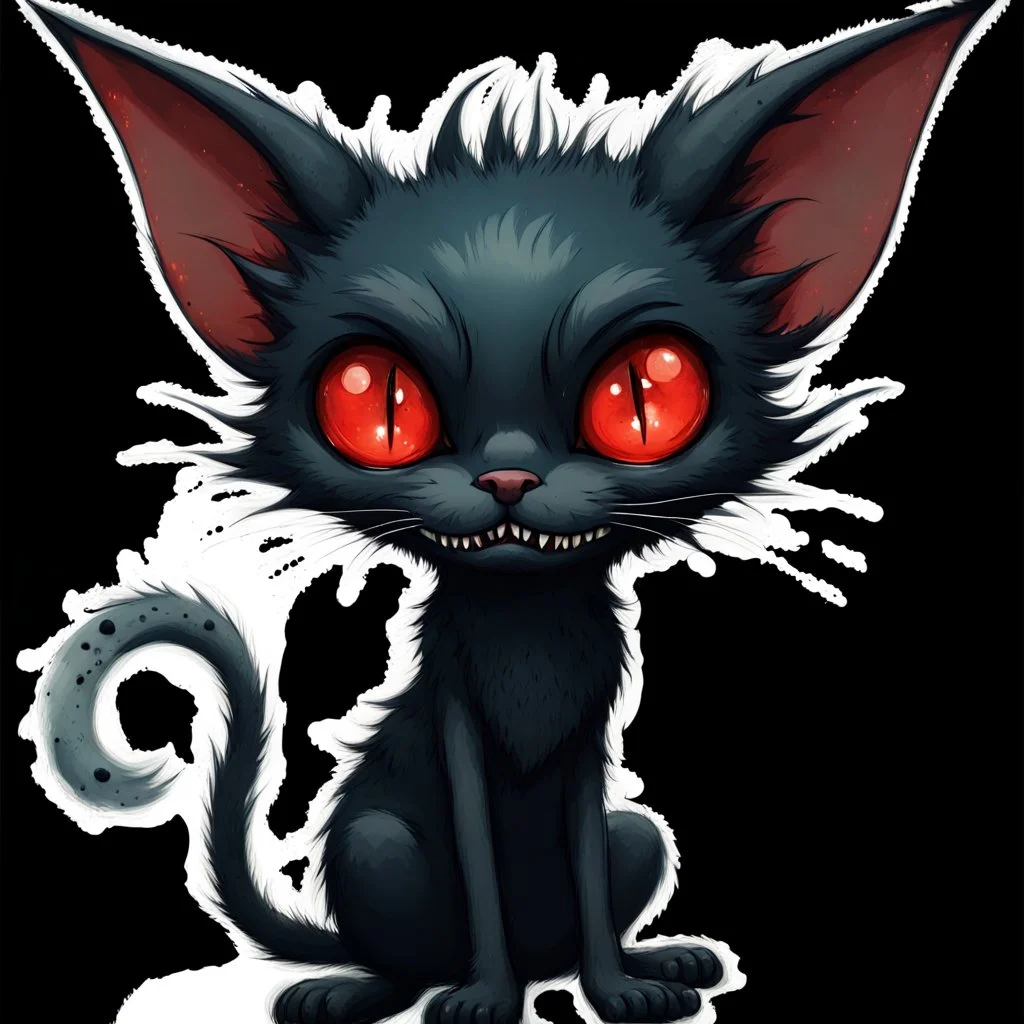 cartoon art from whimsical weird dark blue vampire cat with big head with crepy red eyes, black tail, big smile with sharp teeth, messy body hair, thin little body big paws sitting and looking devilishly, surreal crepy cute style , anime, comics, blur transparent background